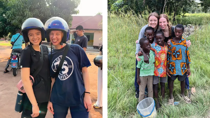 Rebekah with a fellow volunteer in Ghana, wearing motorbike helmets in one image and standing with some local children in the other.