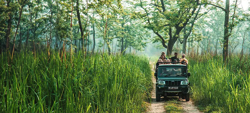 A group of volunteers exploring the natural beauty of Botswana in a safari car as part of their volunteer experience