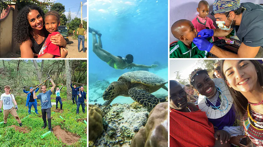 A collage of volunteer experiences around the world. The images showcase a volunteer embracing a smiling child, a diver swimming underwater near a sea turtle, a medical volunteer treating a child, a group of volunteers working on an outdoor community project, and a volunteer taking a selfie with members of the Maasai community.