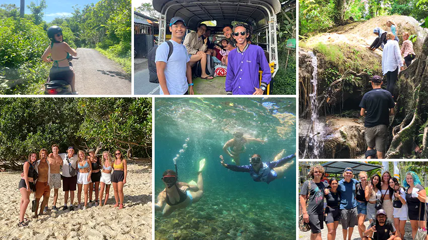 A collage of volunteer experiences in Lombok, Indonesia, featuring a mix of adventure and cultural immersion. Images include a woman riding a scooter through lush landscapes, a group of volunteers traveling in an open truck, people exploring a natural waterfall, a beach group photo, snorkeling in clear waters, and volunteers posing together in a local setting.