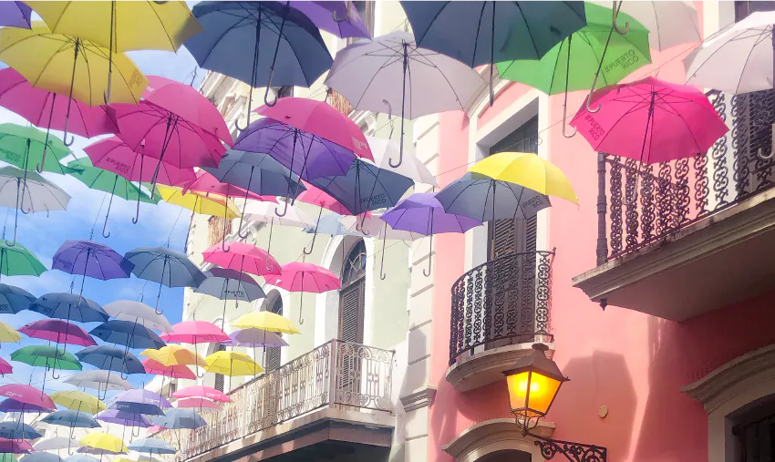 Activities in Puerto Rico - umbrellas line the streets in Old San Juan