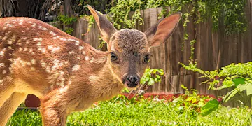 A baby deer at a deer conservation center in La Ventanilla, Mexico, gazing directly at the camera.